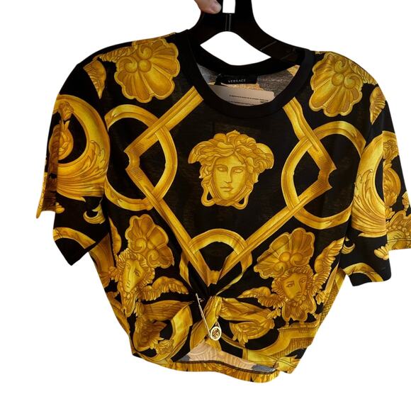 Versace Tops - Versace baroque crop T-shirt with Medusa pin